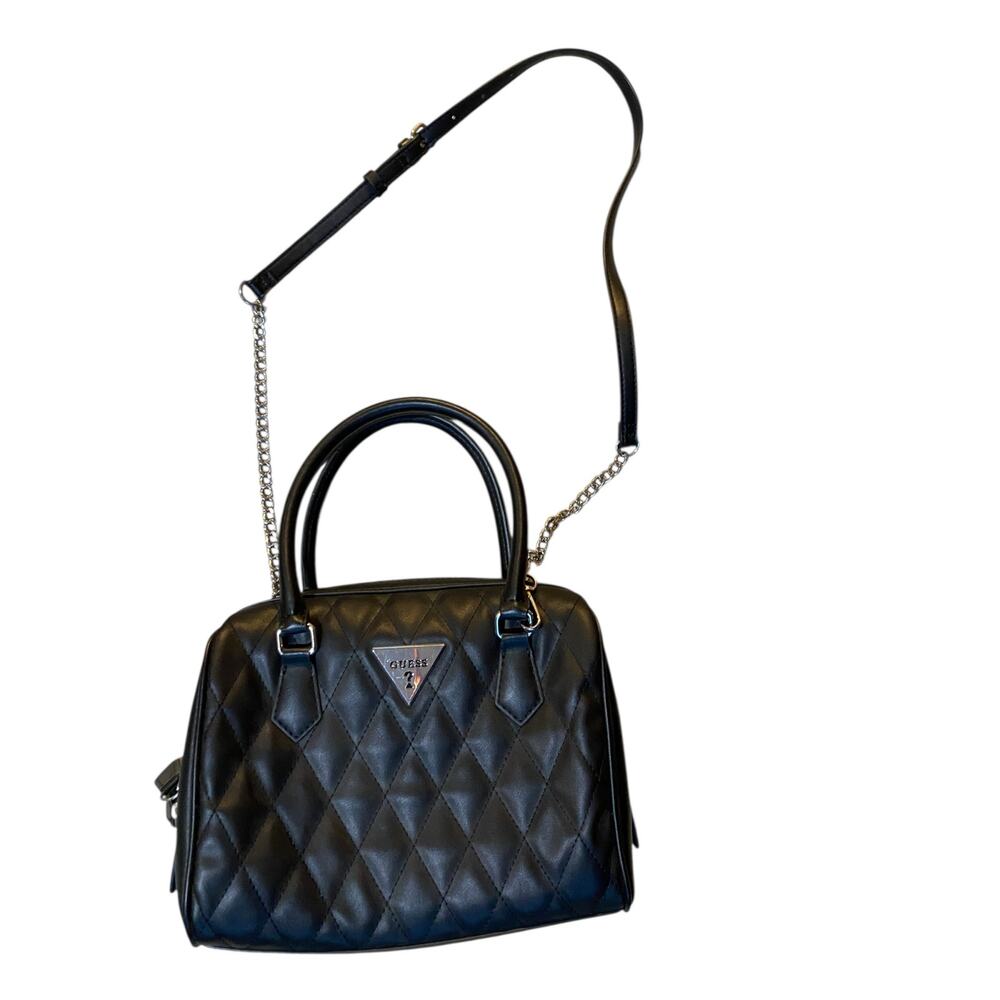 Guess Cessily Quilted Boxed Satchel Handbag Black Vegan Faux Leather Crossbody‎ - Picture 14 of 14